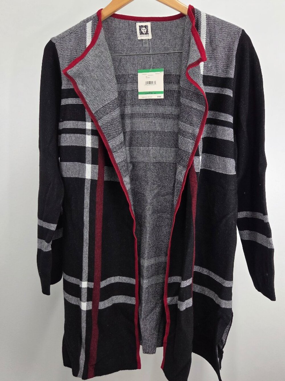 Anne Klein Cardigan Women's Large Red Plaid Open Front Sweater NWT $109 Retail